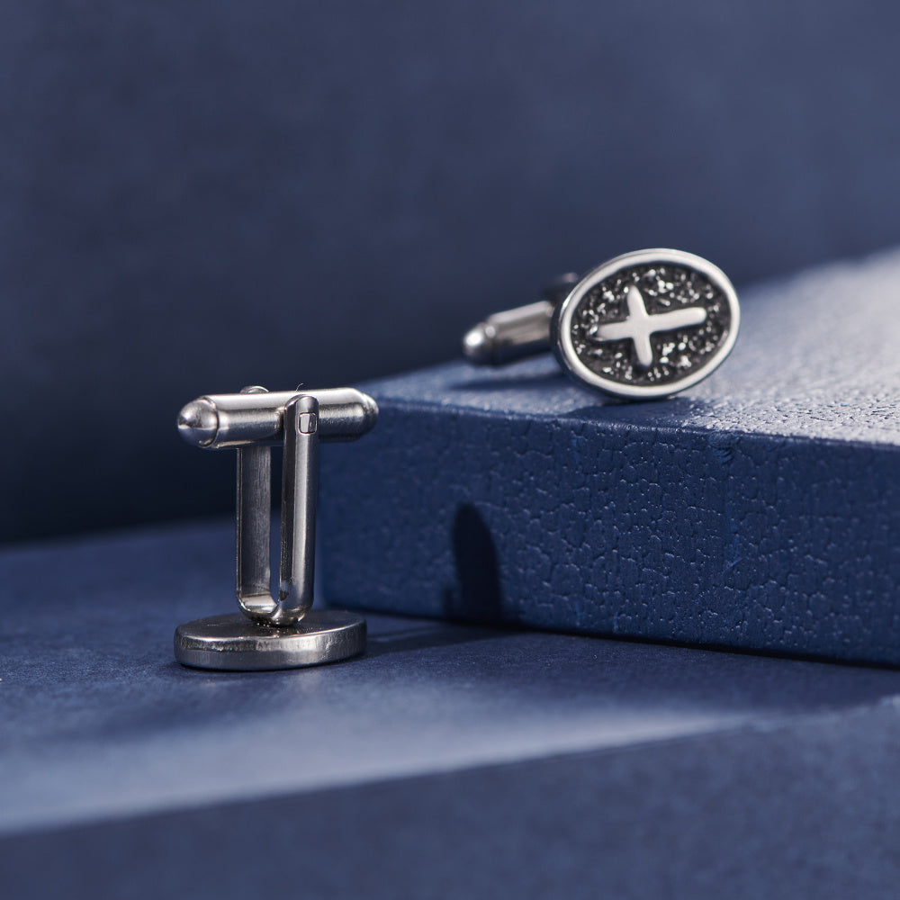 Oval Cross Silver Stainless Steel Cufflinks for Men