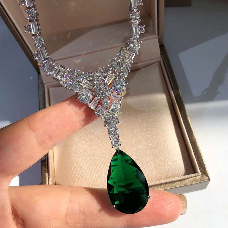 Exquisite Emerald & Moissanite Drop Pendant Necklace
