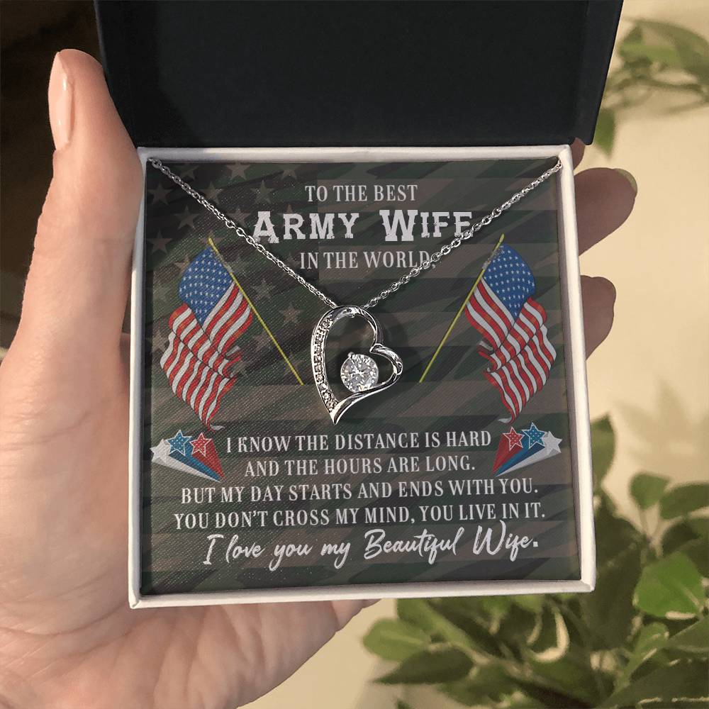Forever Love Necklace with Message Card : Gifts for Wife - To the Best Army Wife in the World. I Know the Distance is Hard - For Anniversary, Birthday