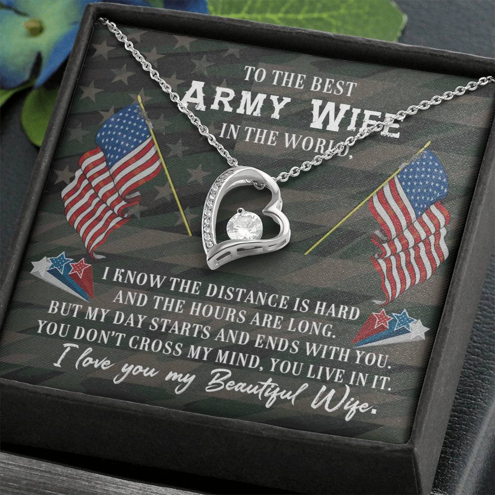 Forever Love Necklace with Message Card : Gifts for Wife - To the Best Army Wife in the World. I Know the Distance is Hard - For Anniversary, Birthday