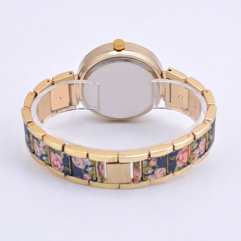 Steel Watch with Floral Printed Band