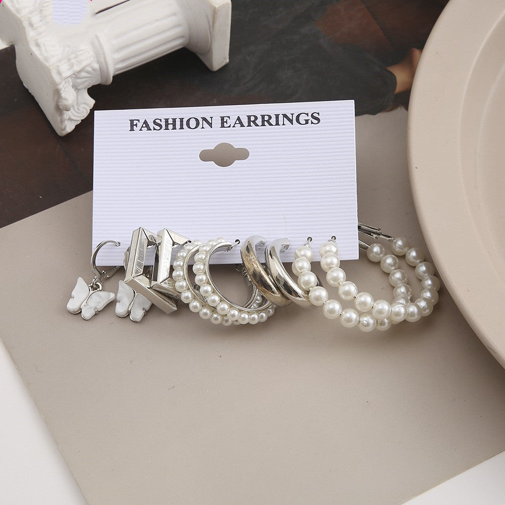 Elegant Butterfly, Pearl, & Silver Plated Earring Set