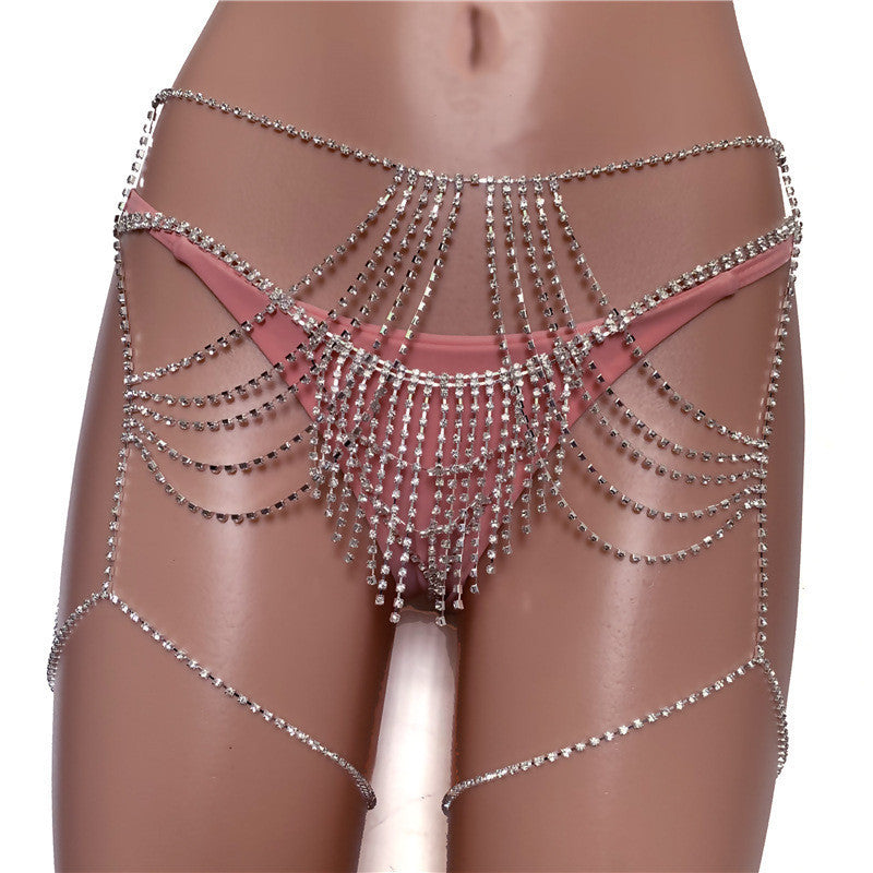 Dazzling Diamond Chest Chain - Rhinestone Bra & Panties Bikini Set