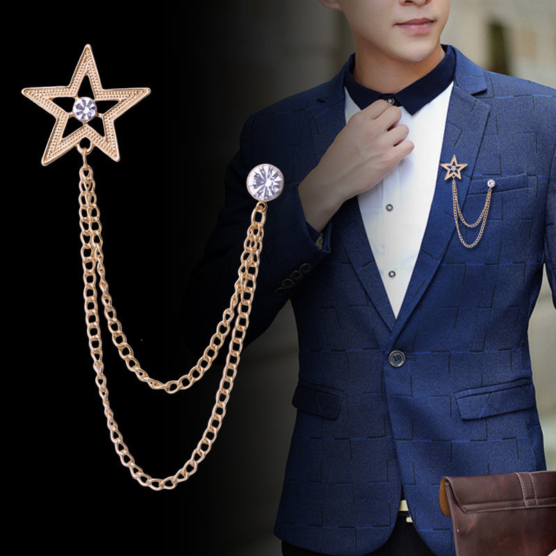 Men's Fashion Tassel Chain Pentagram Rhinestone Brooch