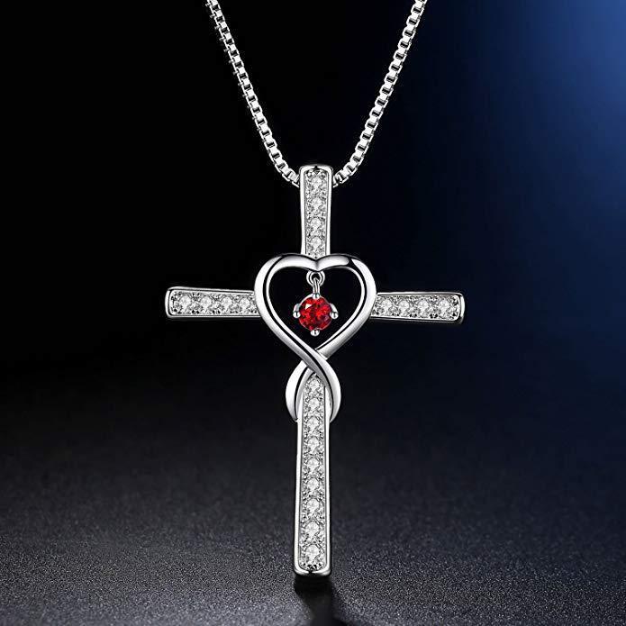 Infinity Love Christian Cross Birthstone Pendant Necklace