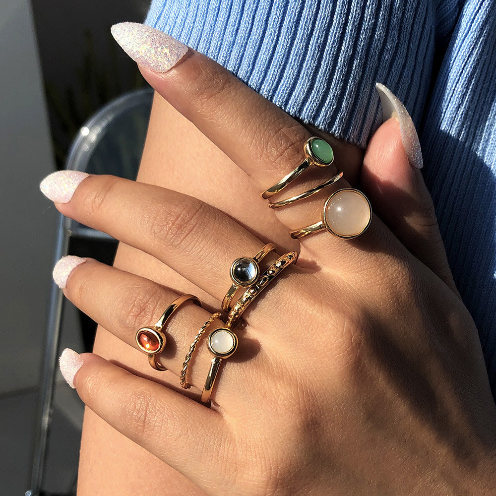Colorful Stone Metallic Finger Rings Set