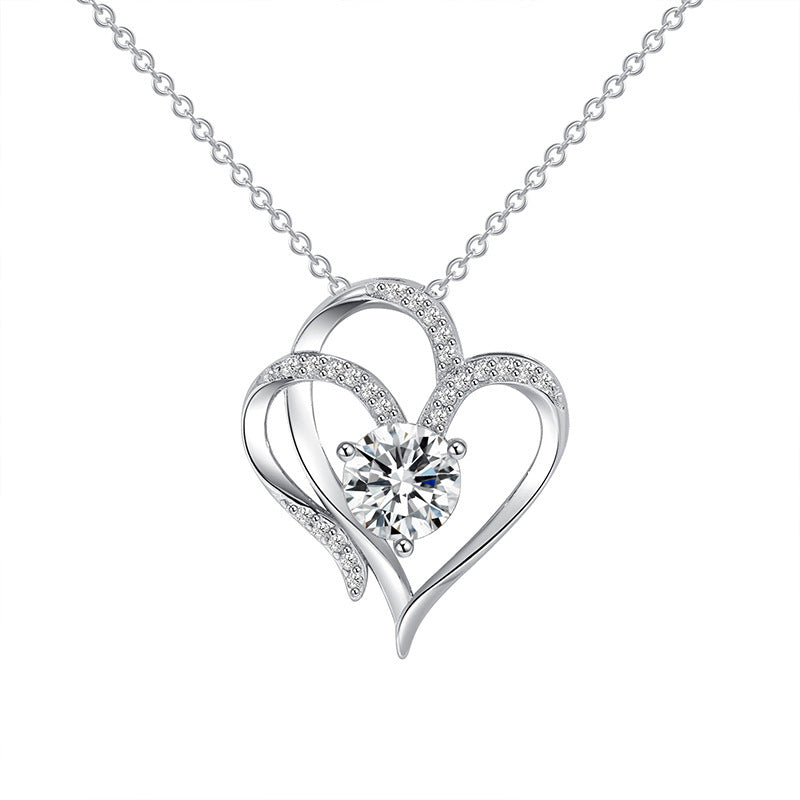 Zircon Double Love Heart Necklace - Rhinestone Clavicle Chain for Women