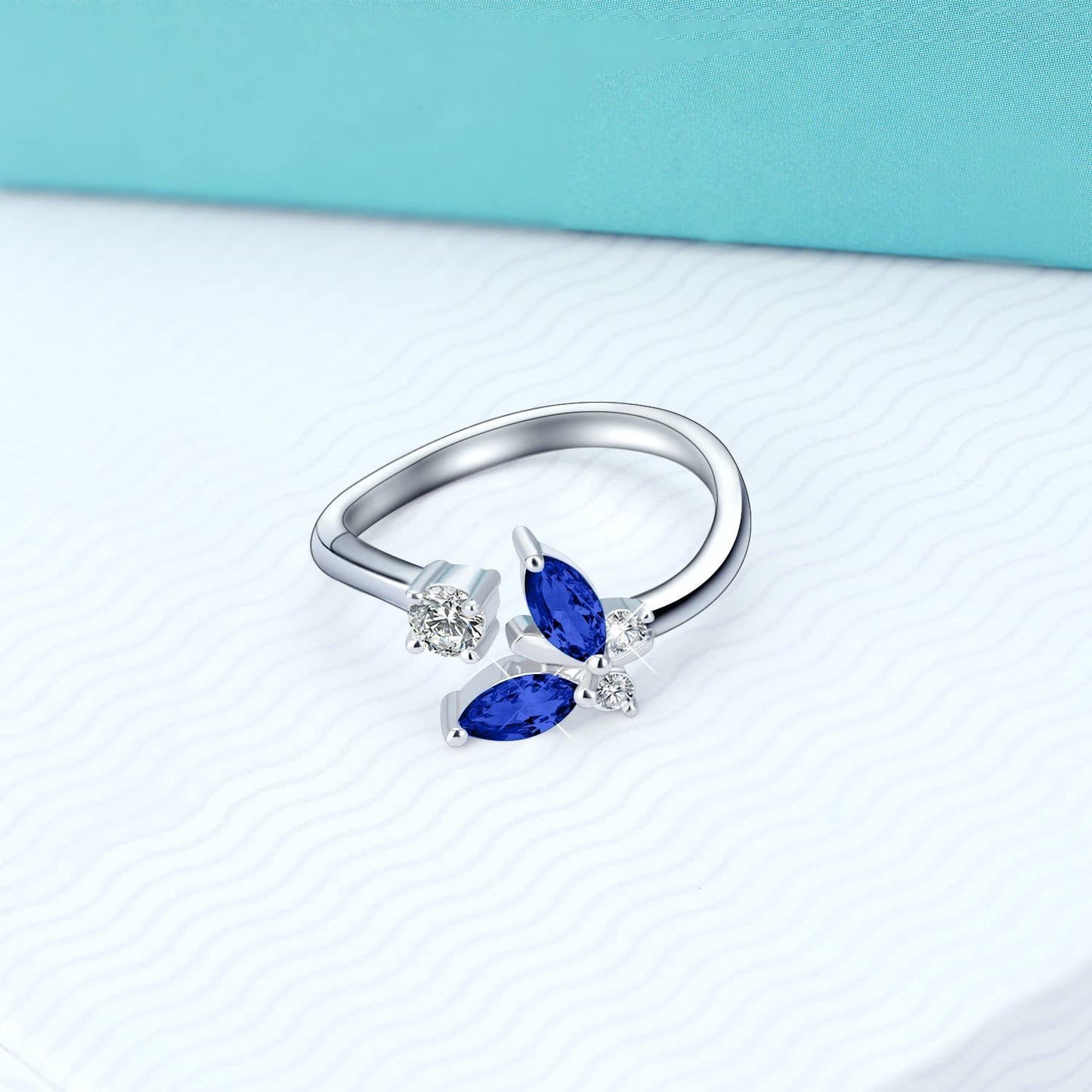Ethereal Butterfly Sapphire Ring Blue Crystal White Gold Sterling Silver