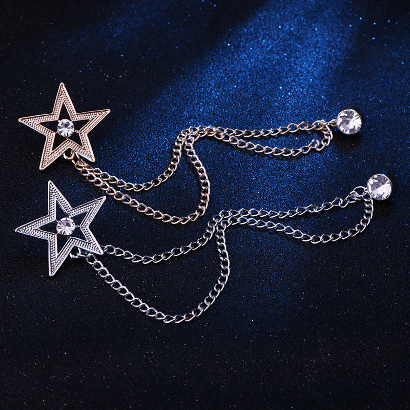 Men's Fashion Tassel Chain Pentagram Rhinestone Brooch