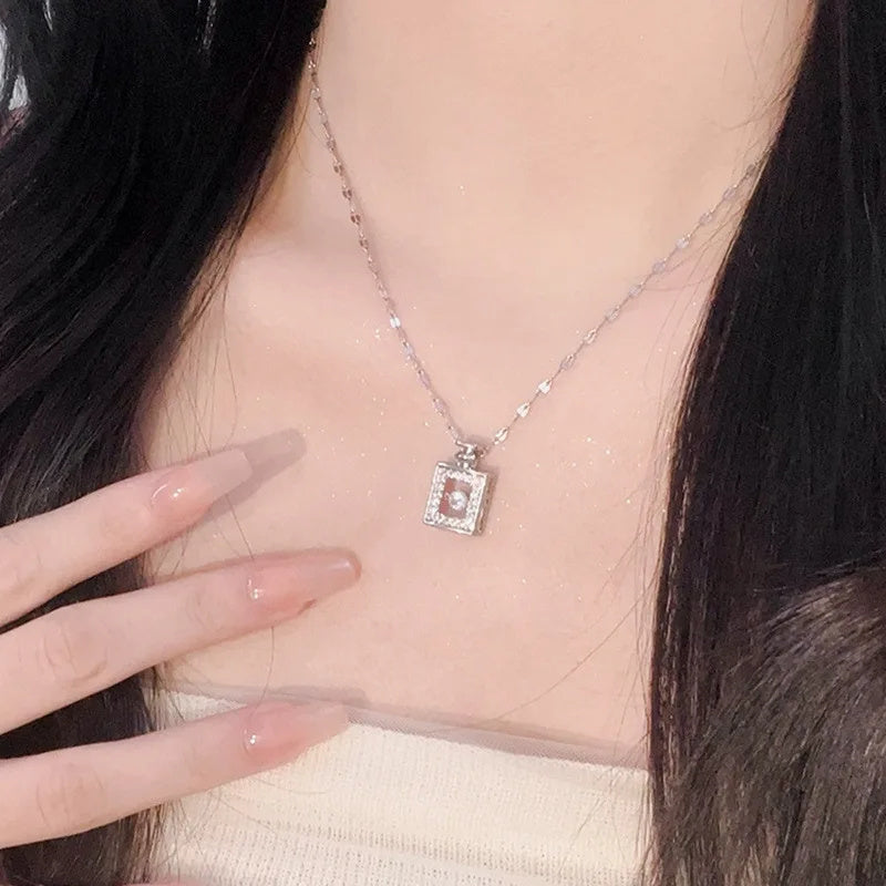 Titanium Steel Perfume Bottle Pendant Necklace - Trendy Zircon Charm
