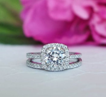 Classic Square Halo Engagement & Wedding Set