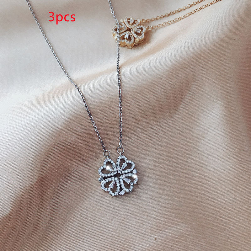 Magnetic Folding Heart-Shaped Four-Leaf Clover Pendant Necklace