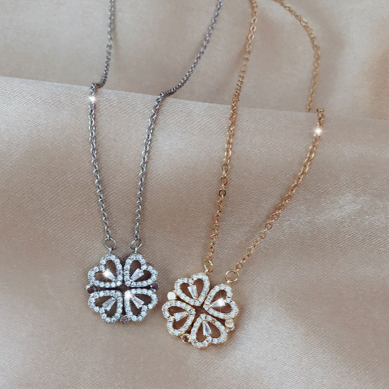 Magnetic Folding Heart-Shaped Four-Leaf Clover Pendant Necklace