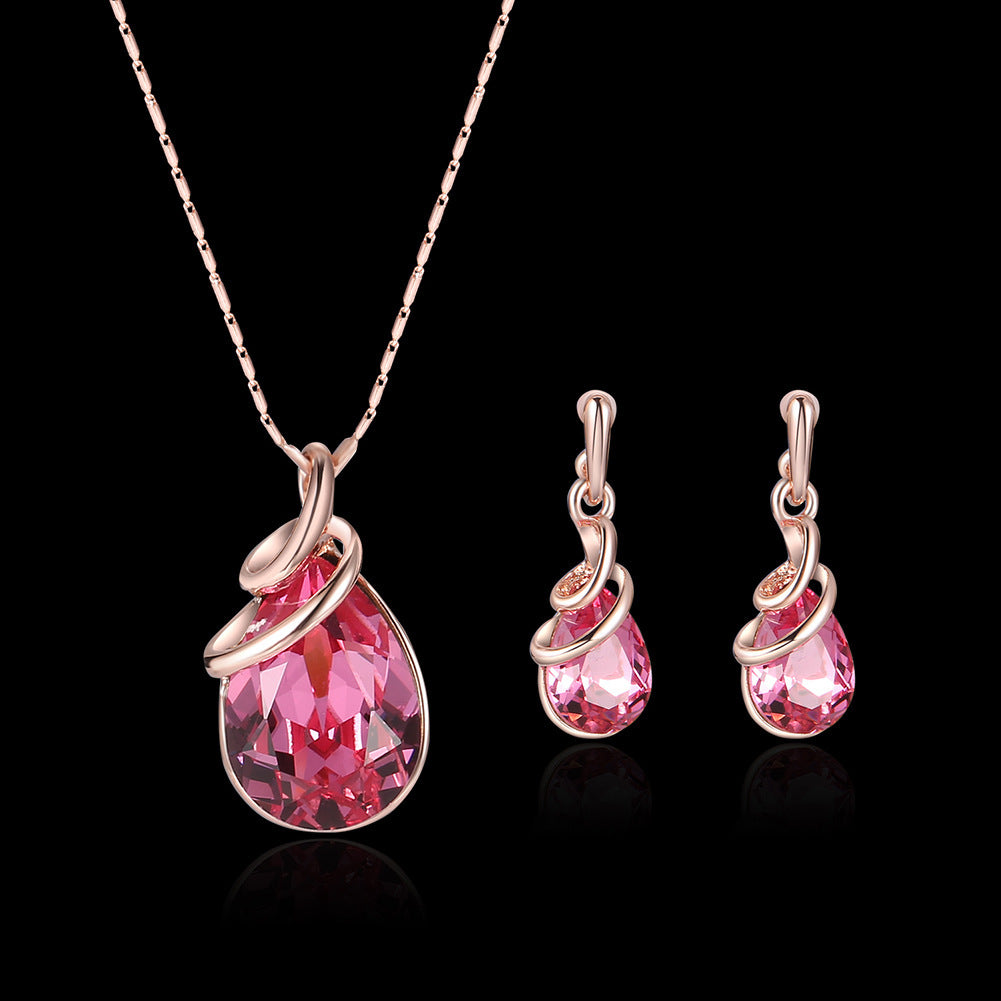 Red Oval & Pink Crystal Necklace & Earrings Jewelry Set
