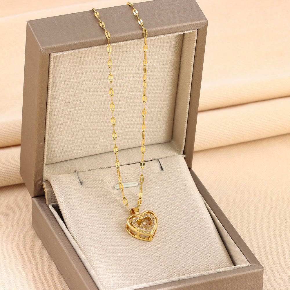 Double-Layer Heart Rhinestone Necklace - Titanium Steel Fashion Jewelry