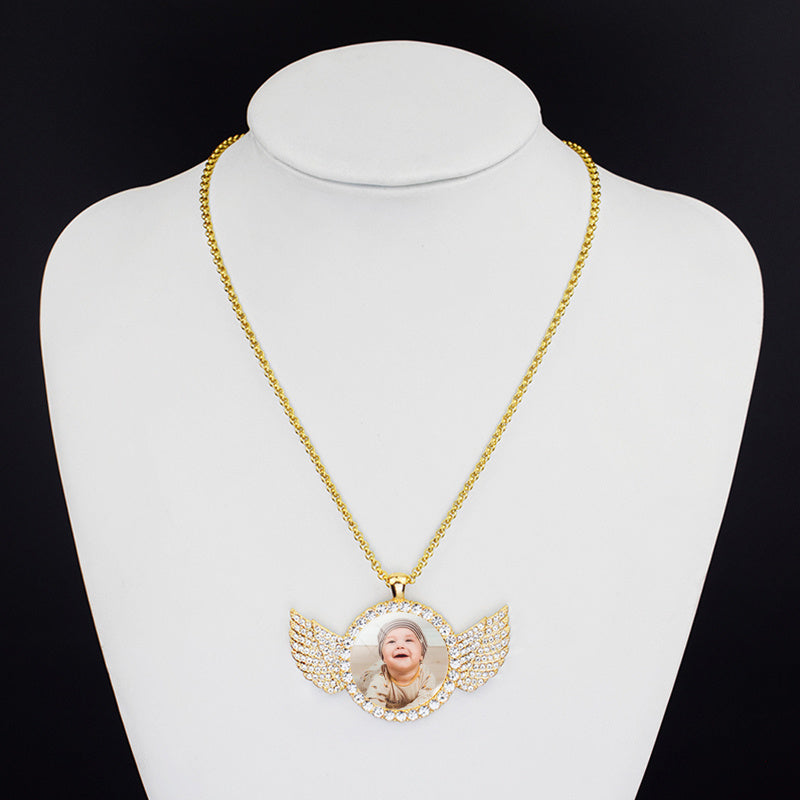 Custom Angel Wings Photo Medallion Necklace