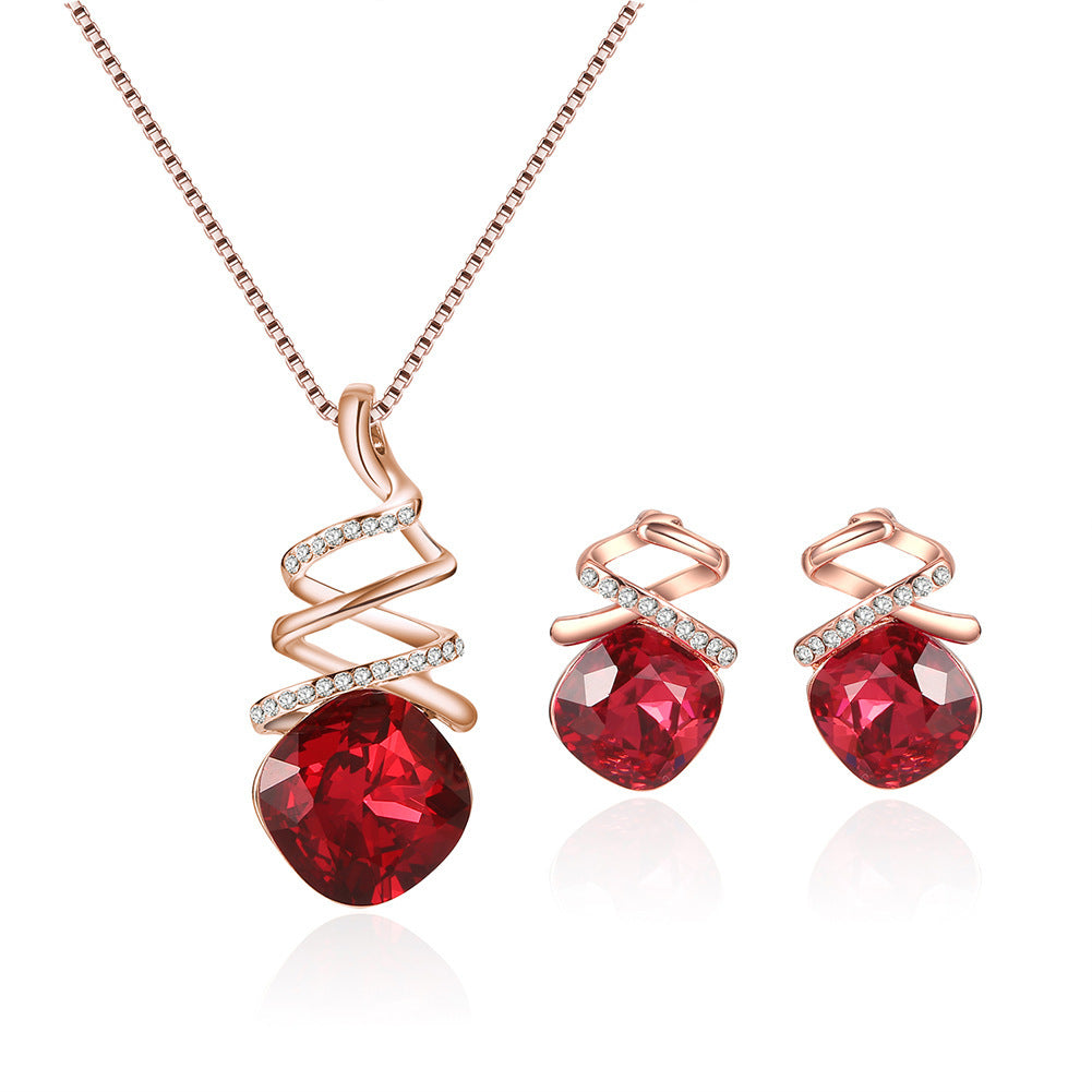 Gold Plated Red Rhinestone Pendant & Earrings Set