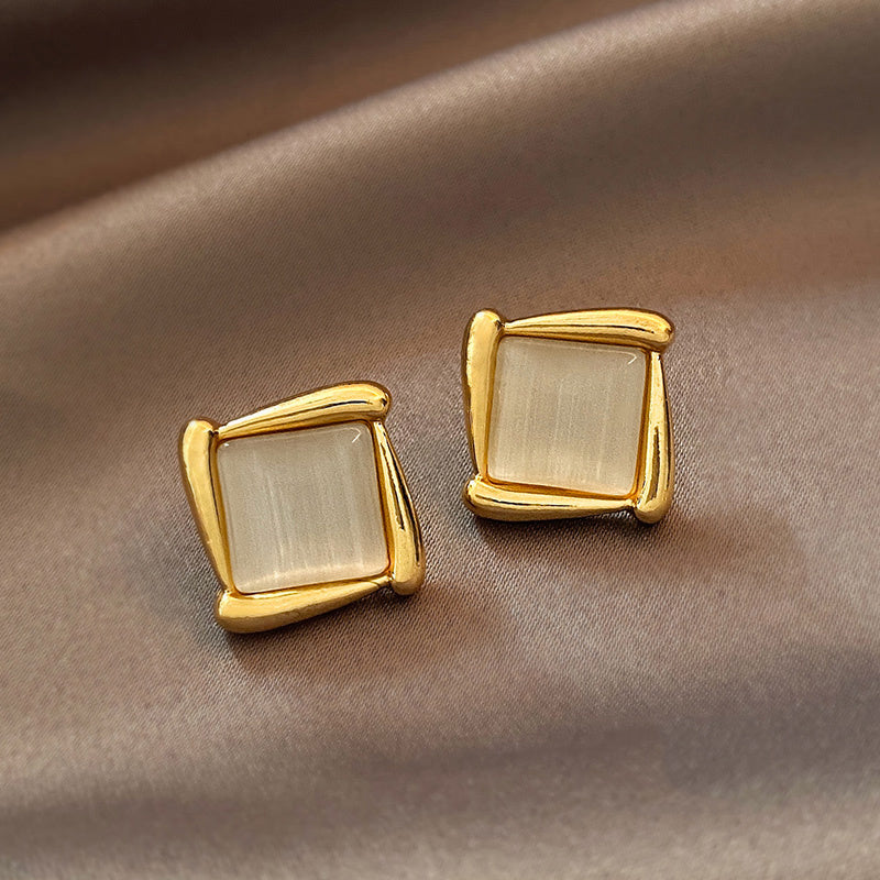 Opal Sun Flower Stud Earrings: Rhinestone & Emerald Cut Enamel