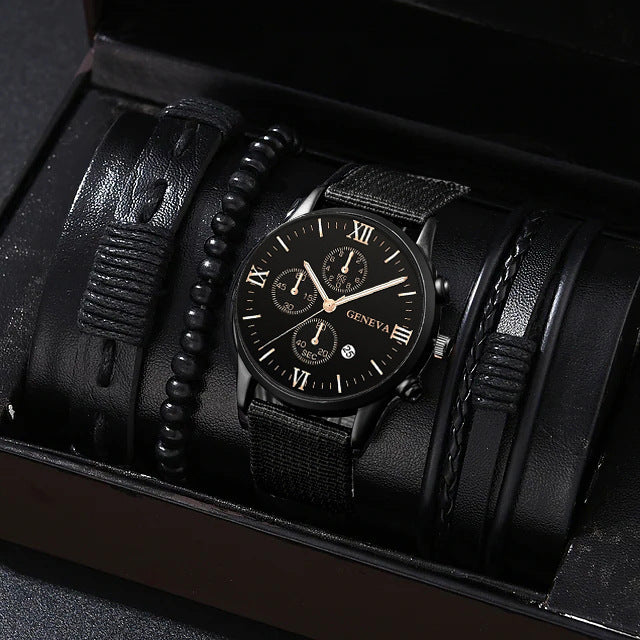 Men's Quartz Watch & Bracelet Set: Single Calendar & Canvas Band
