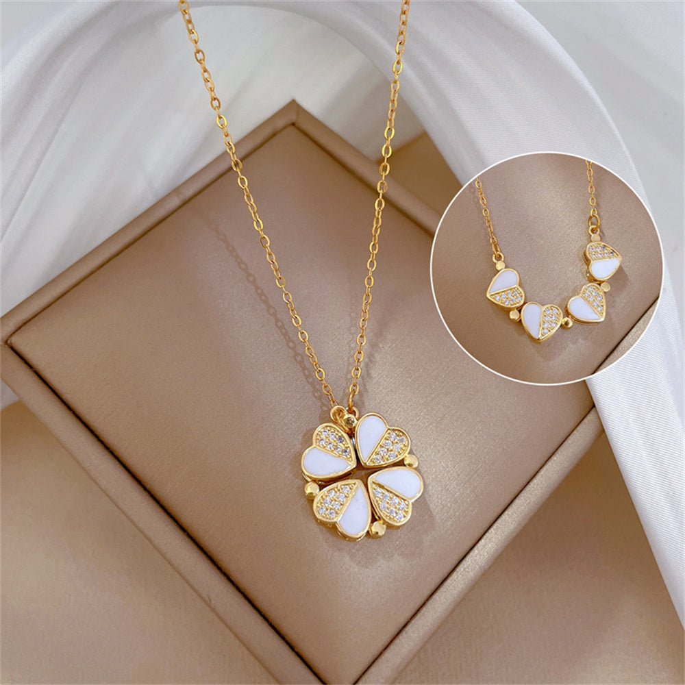 Luxury Four-Leaf Clover Pendant Necklace - Stainless Steel Crystal Heart