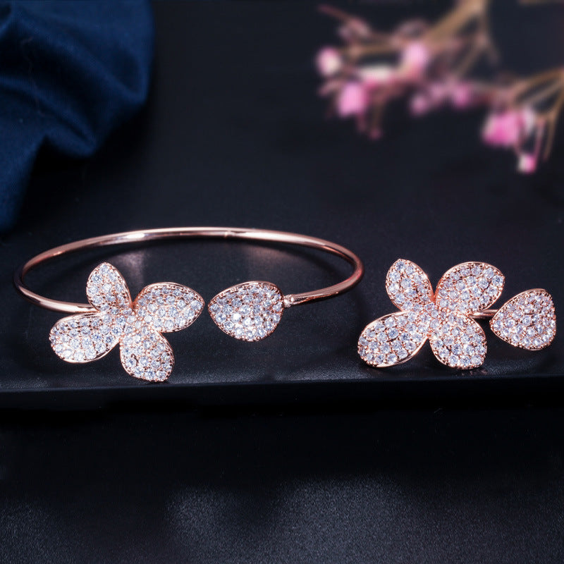 Adjustable Cubic Zirconia Flower Bangle & Ring Set