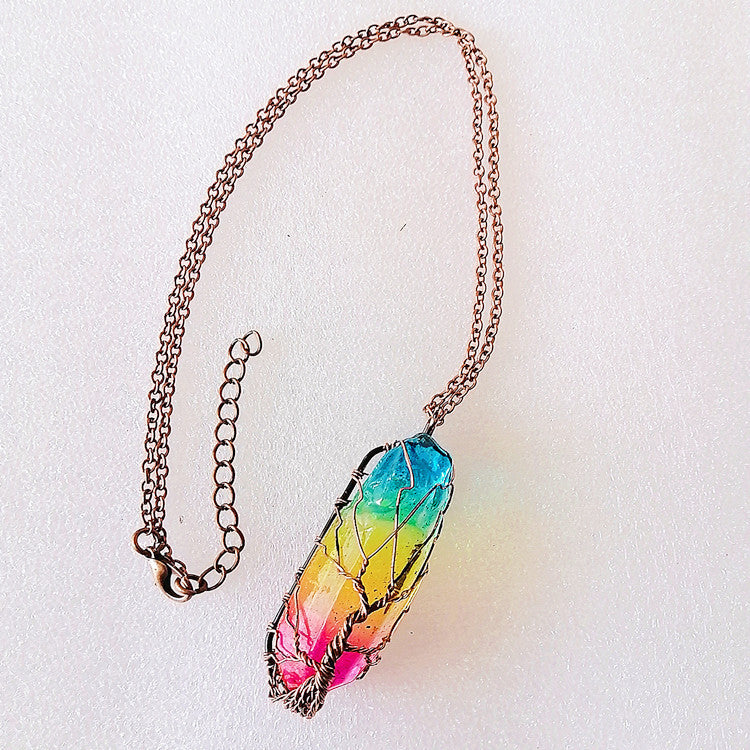 Stone Crystal Pillar Tree of Life Necklace