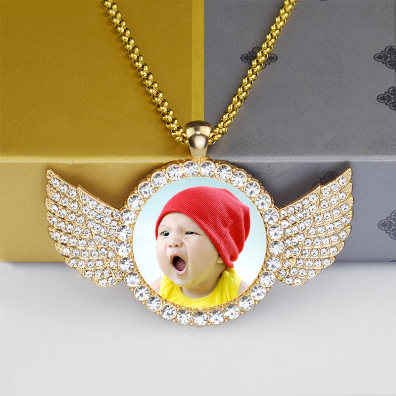 Custom Angel Wings Photo Medallion Necklace