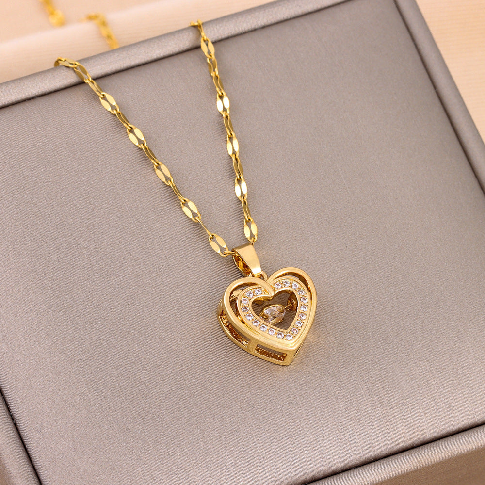Double-Layer Heart Rhinestone Necklace - Titanium Steel Fashion Jewelry