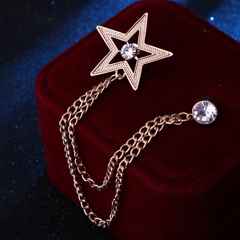 Men's Fashion Tassel Chain Pentagram Rhinestone Brooch