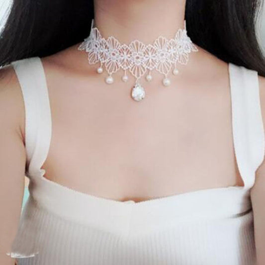 White Lace Pearl Pendant Choker Necklace