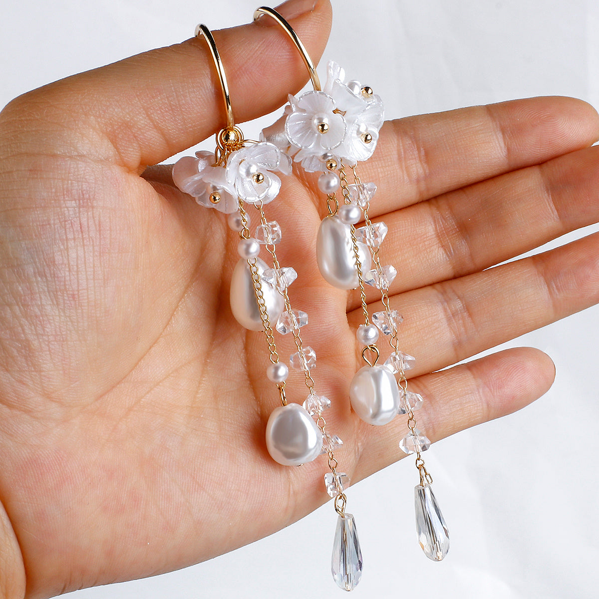 Simulated Pearl & Crystal Flower Petal Drop Earrings