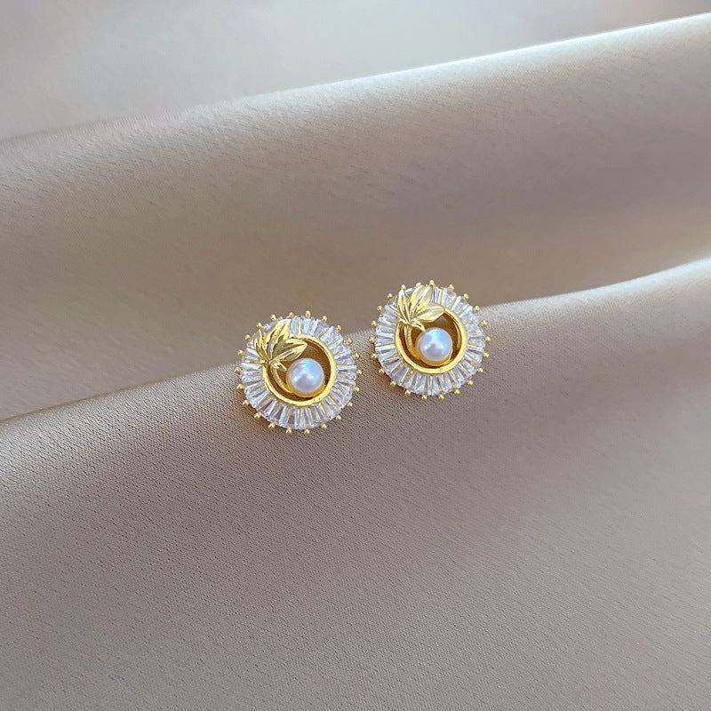 Gold Plated Round Pearl & Zircon Jewelry Set