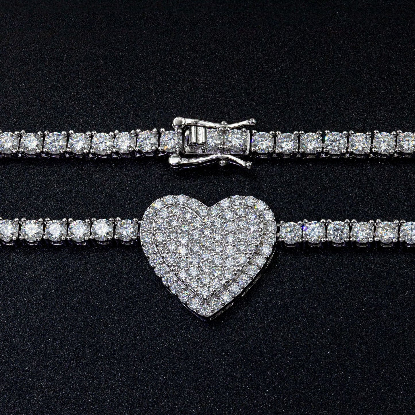 Exquisite 100% Authentic Moissanite Tennis Chain with Heart and Rose Design