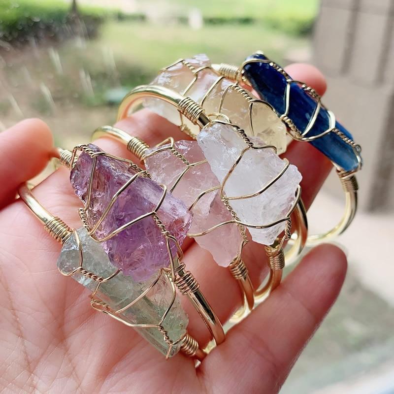 Natural Crystal Rough Stone Gold Unshaped Bracelet - Bohemian & Retro Jewelry