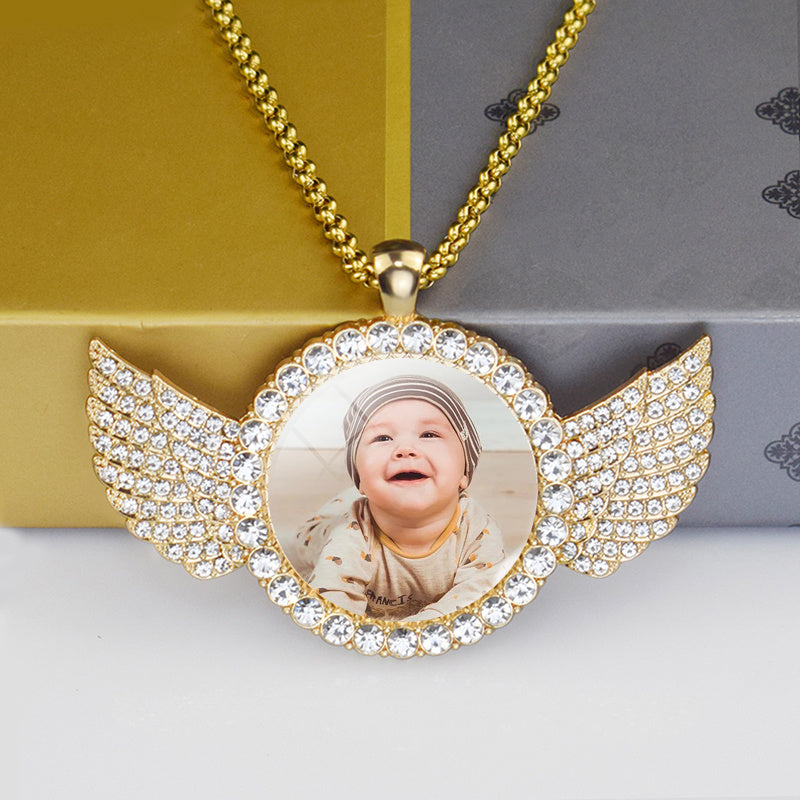 Custom Angel Wings Photo Medallion Necklace