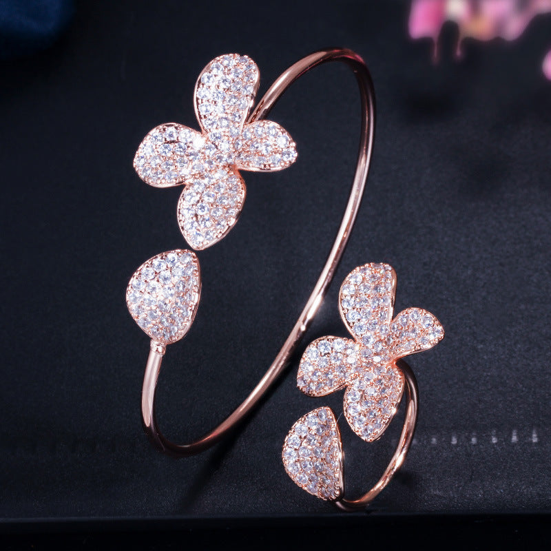 Adjustable Cubic Zirconia Flower Bangle & Ring Set