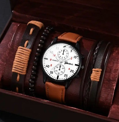Men's Quartz Watch & Bracelet Set: Single Calendar & Canvas Band