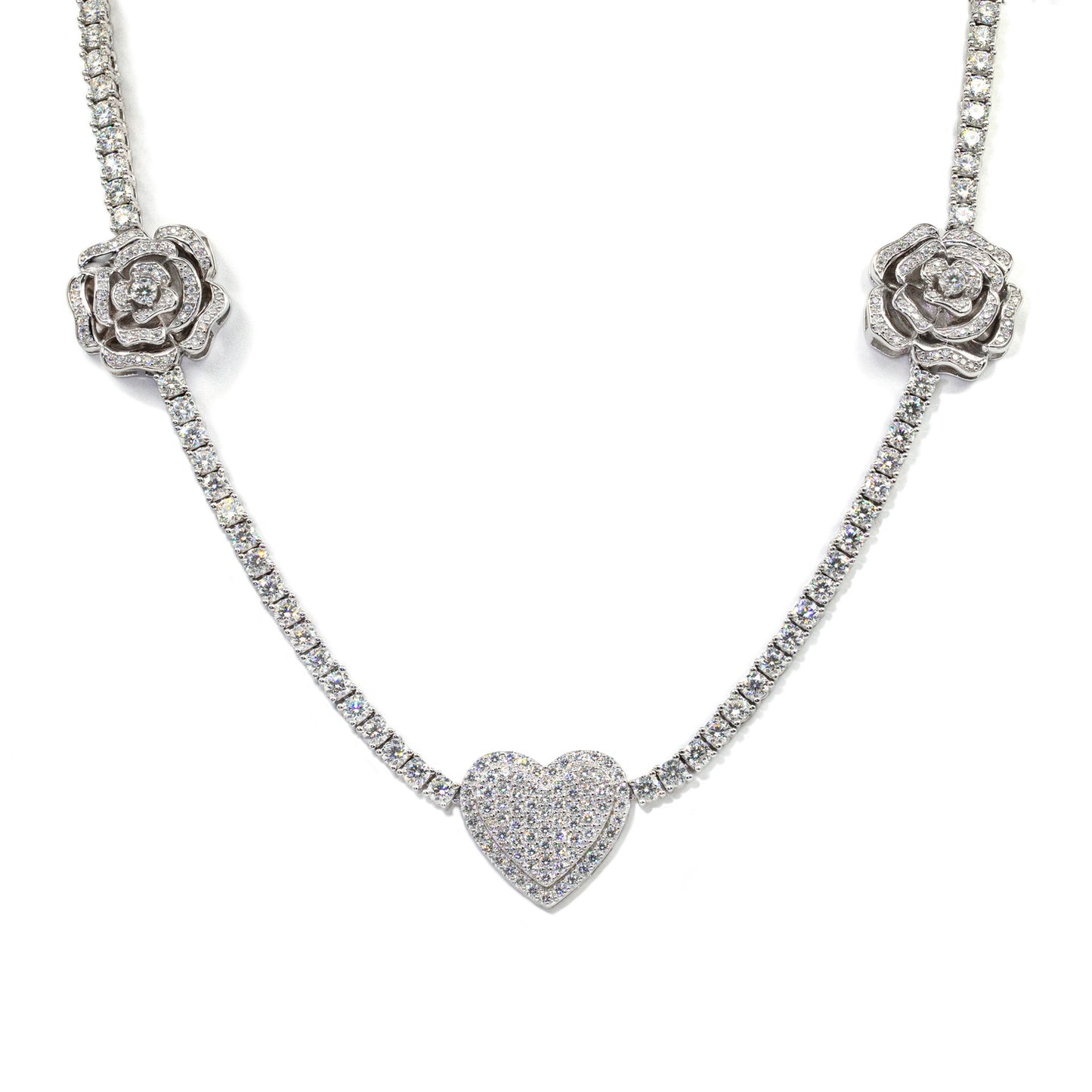 Exquisite 100% Authentic Moissanite Tennis Chain with Heart and Rose Design