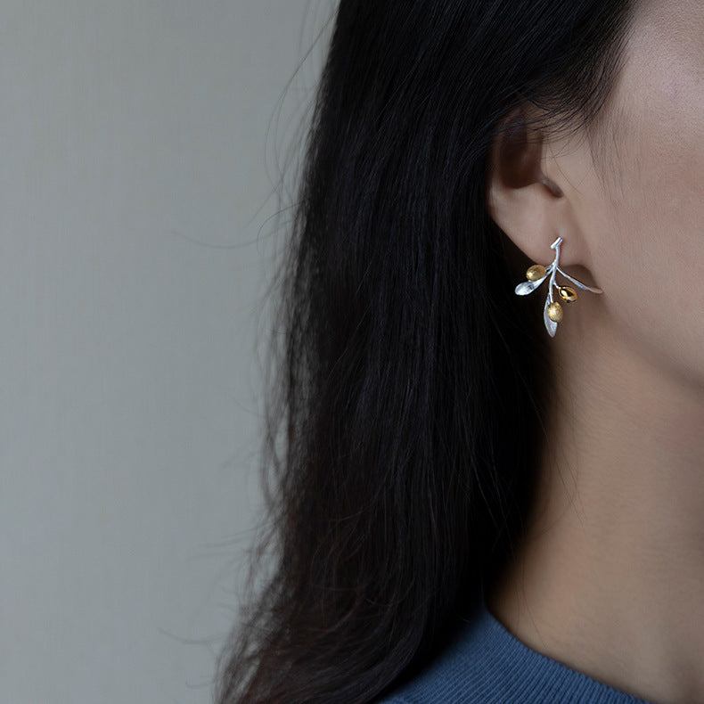 Sterling Silver Natural Olive Branch Stud Earrings