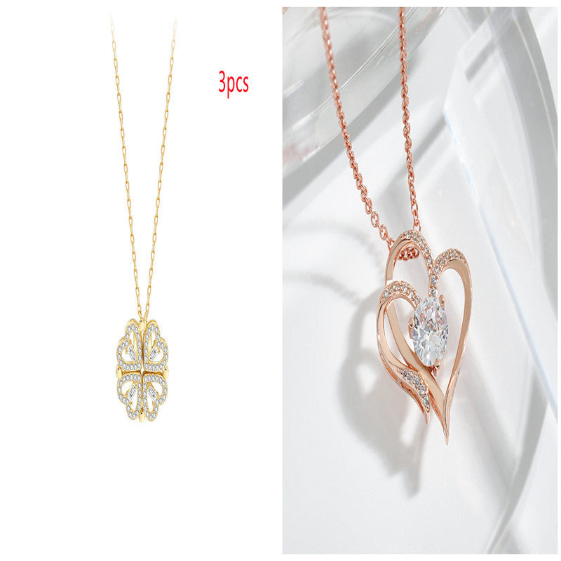 Magnetic Folding Heart-Shaped Four-Leaf Clover Pendant Necklace