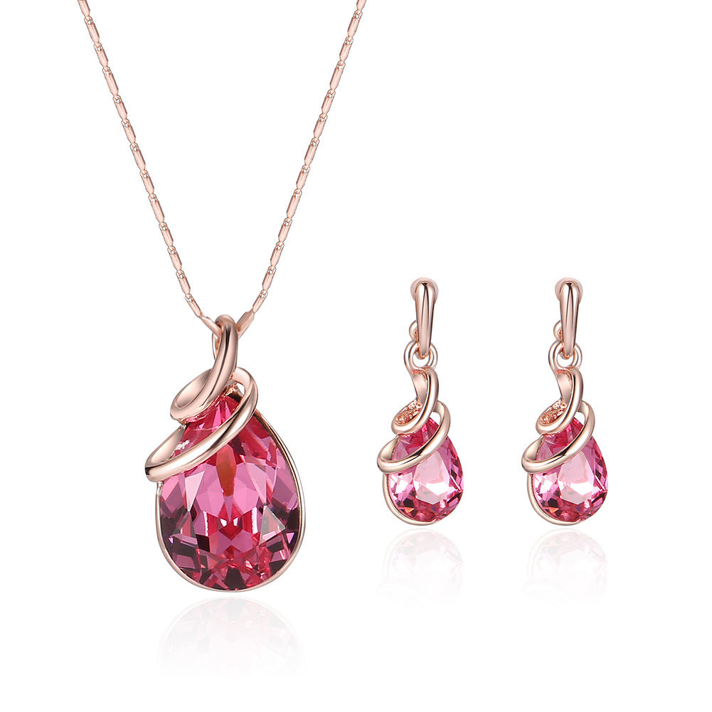 Red Oval & Pink Crystal Necklace & Earrings Jewelry Set