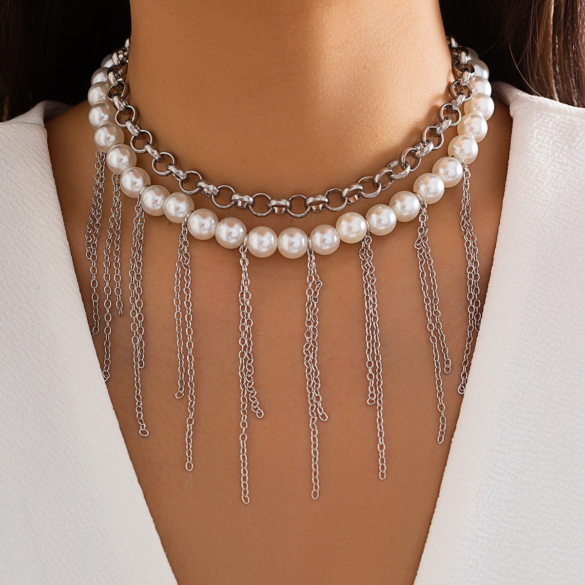 Multilayer Imitation Pearl Tassel Necklace