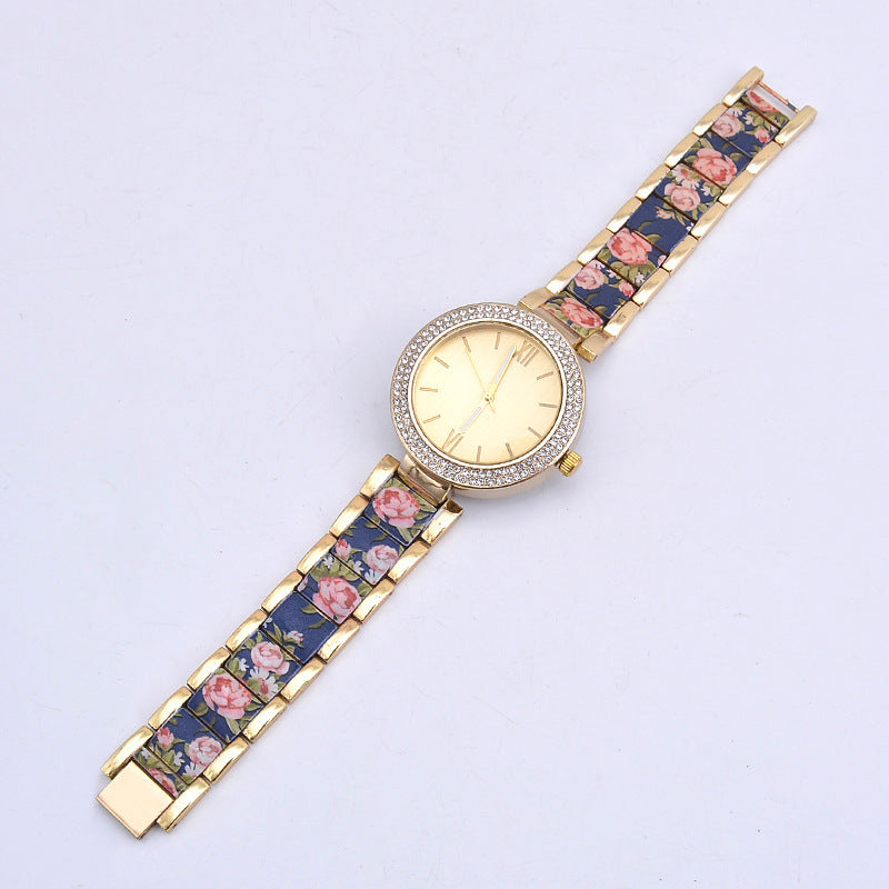 Steel Watch with Floral Printed Band