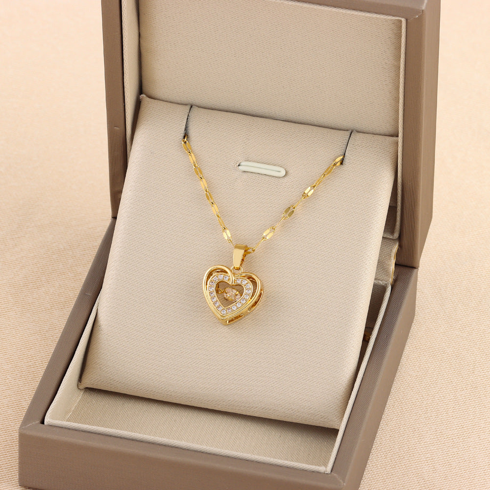 Double-Layer Heart Rhinestone Necklace - Titanium Steel Fashion Jewelry