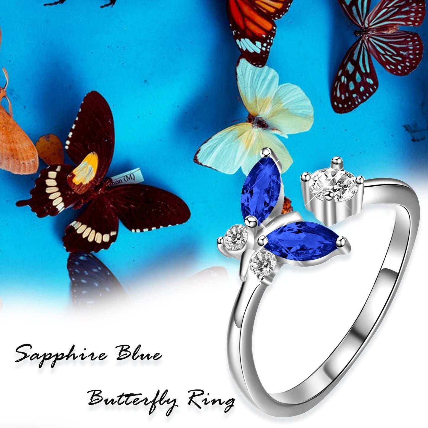 Ethereal Butterfly Sapphire Ring Blue Crystal White Gold Sterling Silver