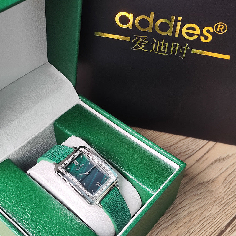 Women's Exquisite Small Green Watch Set Gift Box Square