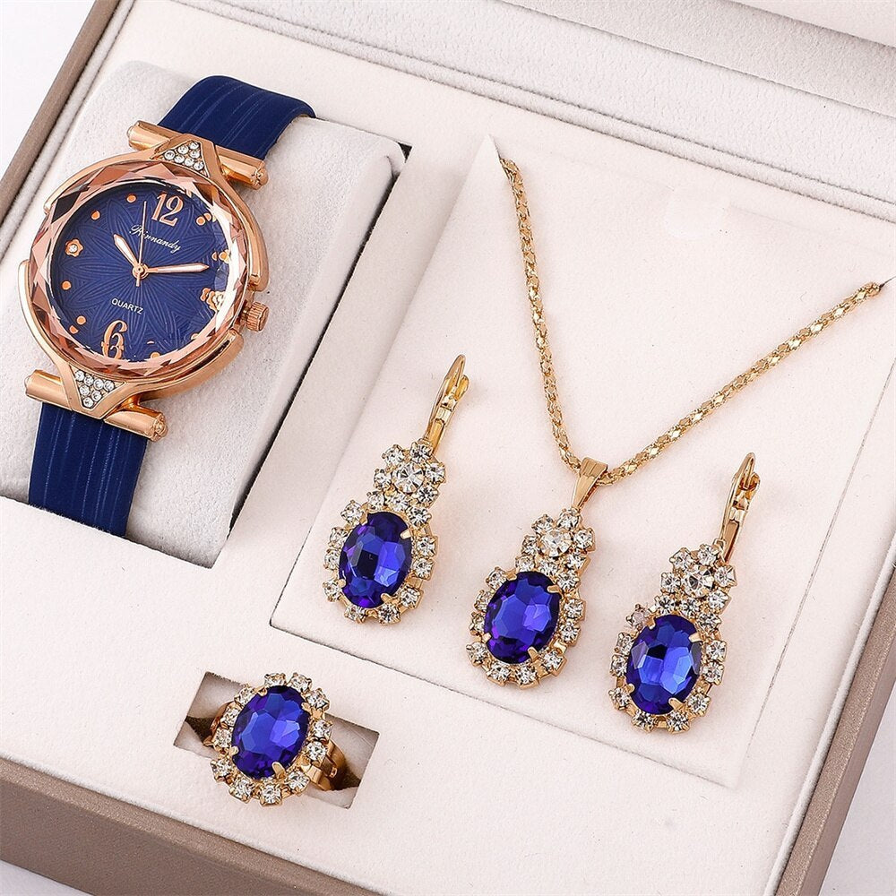 Dazzling Diamond-Accented Quartz Watch & Jewelry Set