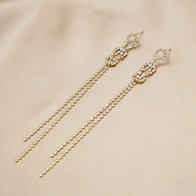 925 Silver Needle Knotted Long Tassel Earrings With Diamonds Simple And Wild Exaggerated Earrings