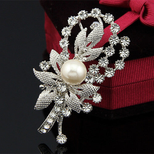 Flower Bow Pearl Rhinestone Brooch