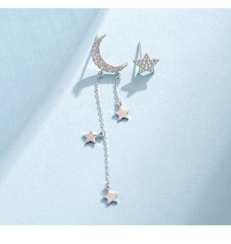 Asymmetrical Star Moon Tassel Sterling Silver Stud Girl